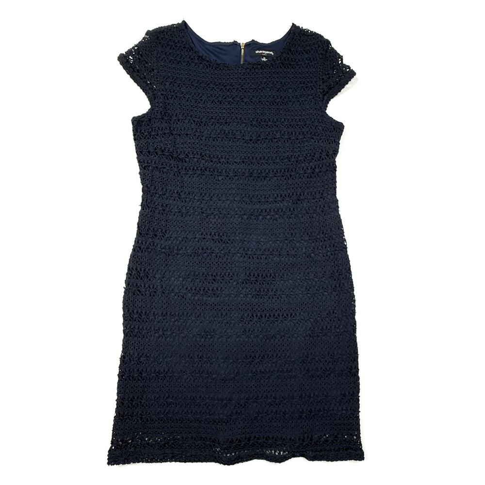 Sharagano navy blue crocheted lace sheath dress cap sleeves Sz 14